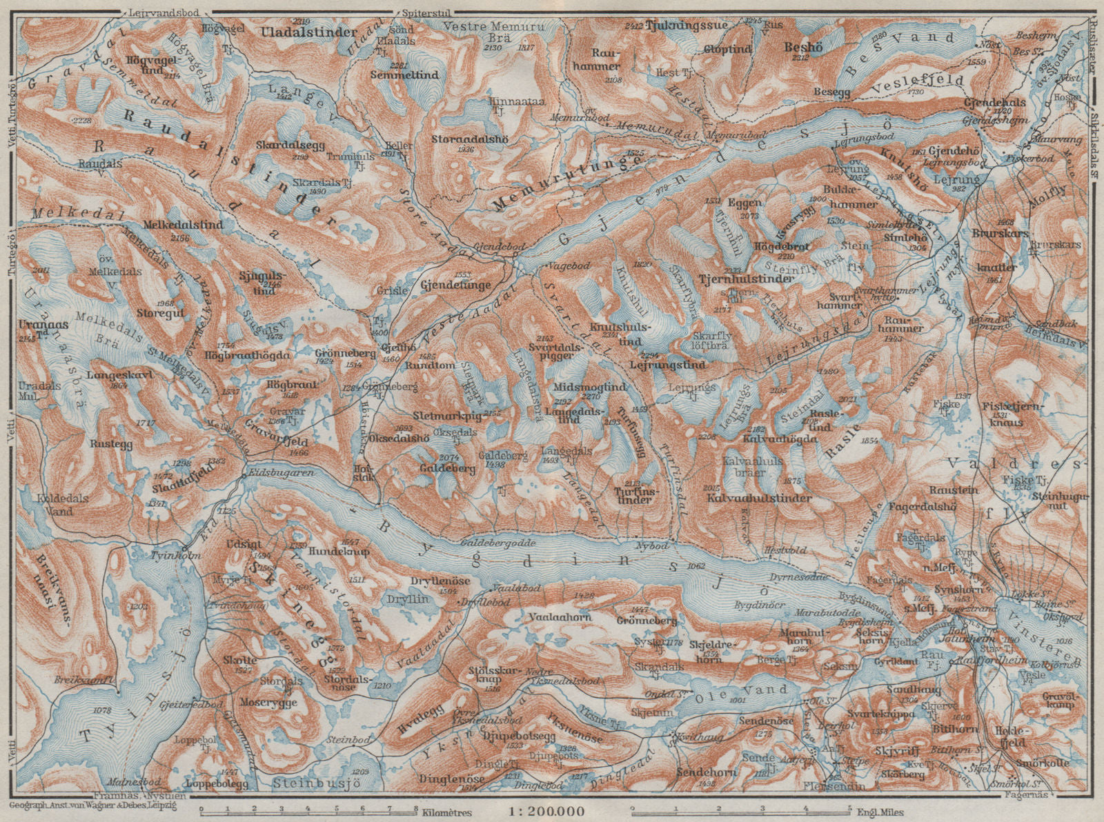 LAKES BYGDIN AND GJENDE Topo-map. Jotunheimen. Norway kart. BAEDEKER 1909
